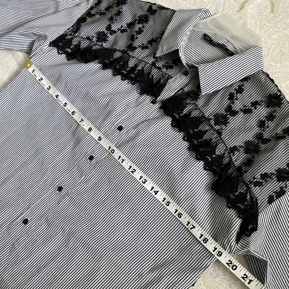 Zara Basic Lace Trim Pinstriped Button Down Shirt - image 4